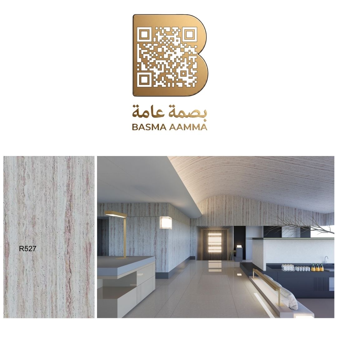 صفائح طين اللون: رمادي عاجي متداخل مع عروق ترابية ووردي خافت (Travertine Grey with Warm Veins)