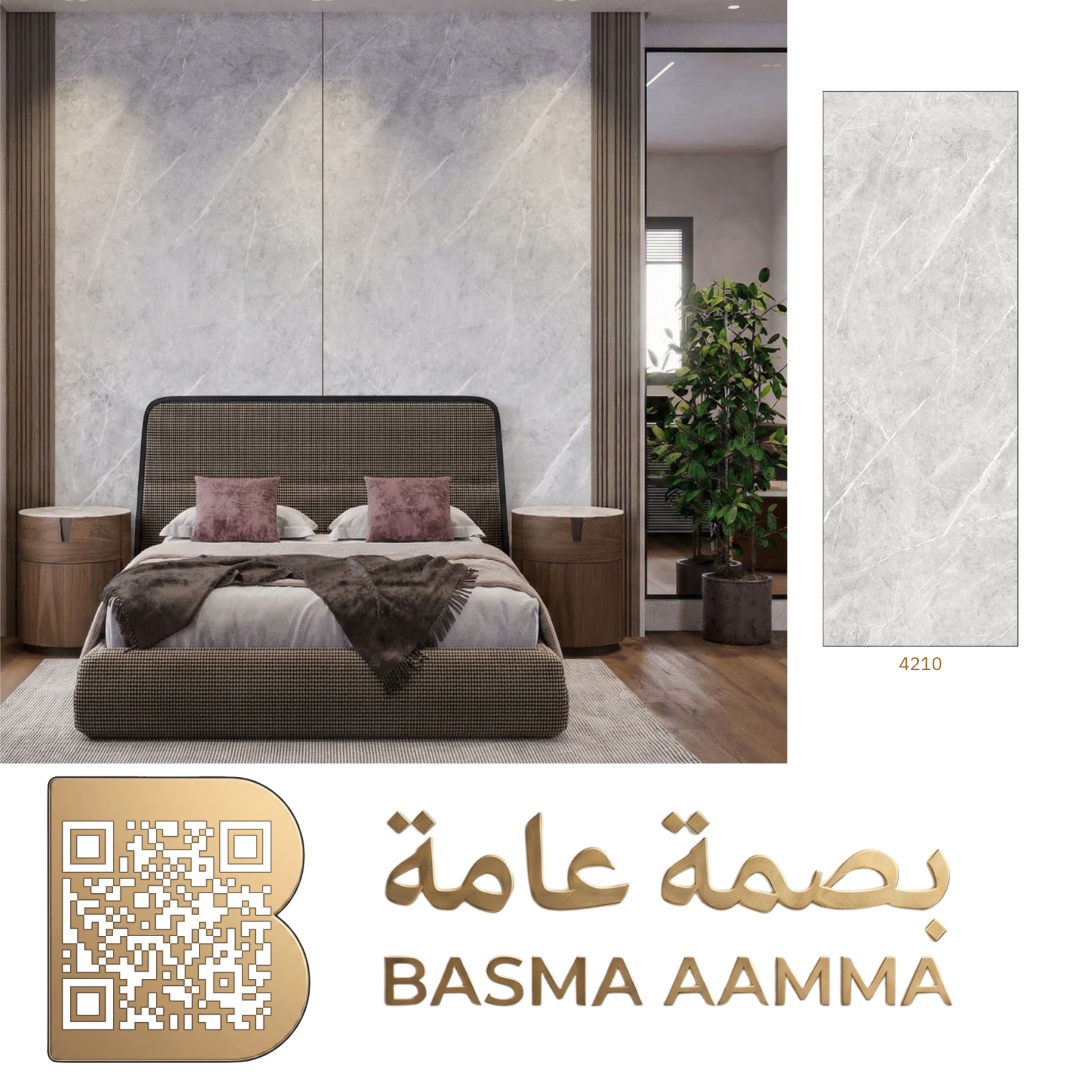 بديل رخام اللون والمظهر: رمادي فاتح بهيكل رخامي ناعم (Light Gray Marble). يتميز بنقوش تموجات رخامية هادئة مع عروق