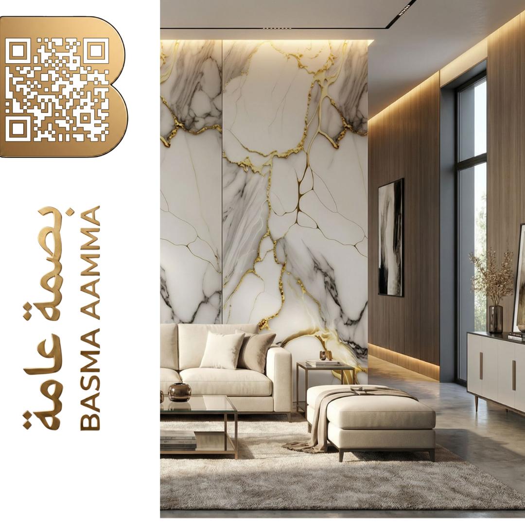 بديل رخام اللون والمظهر: خلفية رخامية بيضاء ناعمة مدمجة مع عروق ذهبية عريضة وجريئة (Metallic Gold Veins)
