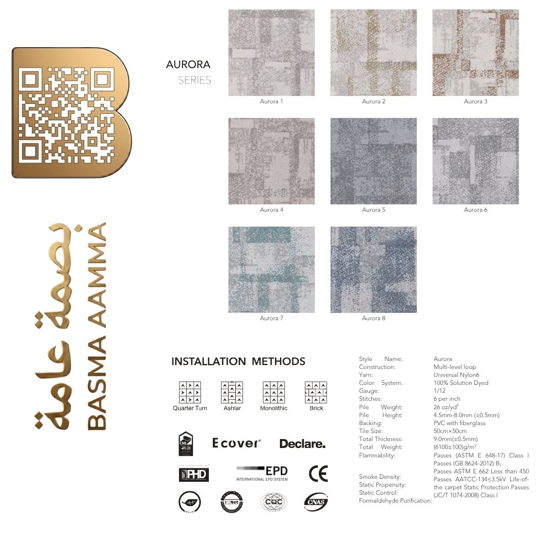 بلاطات موكيت مربعة (Carpet Tiles) اللون:  درجات الرمادي الكلاسيكي المتدرج والرمادي الفاتح مع لمسات بيضاء محايدة (Multi-Grey / Charcoal &amp; Silver).